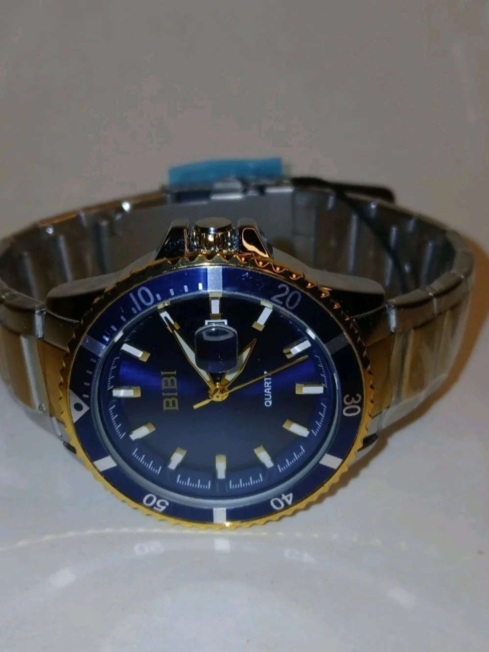 BiBi Quartz Diver Style Date Watch Blue Dial Silver Case Silver Gold Band New